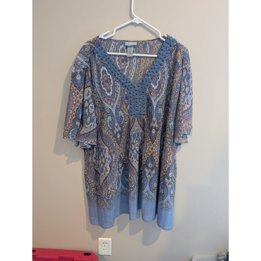 Catherines 3x 26w Stud Flutter Sleeve Tunic Top Blue Paisley Office Sheer Boho